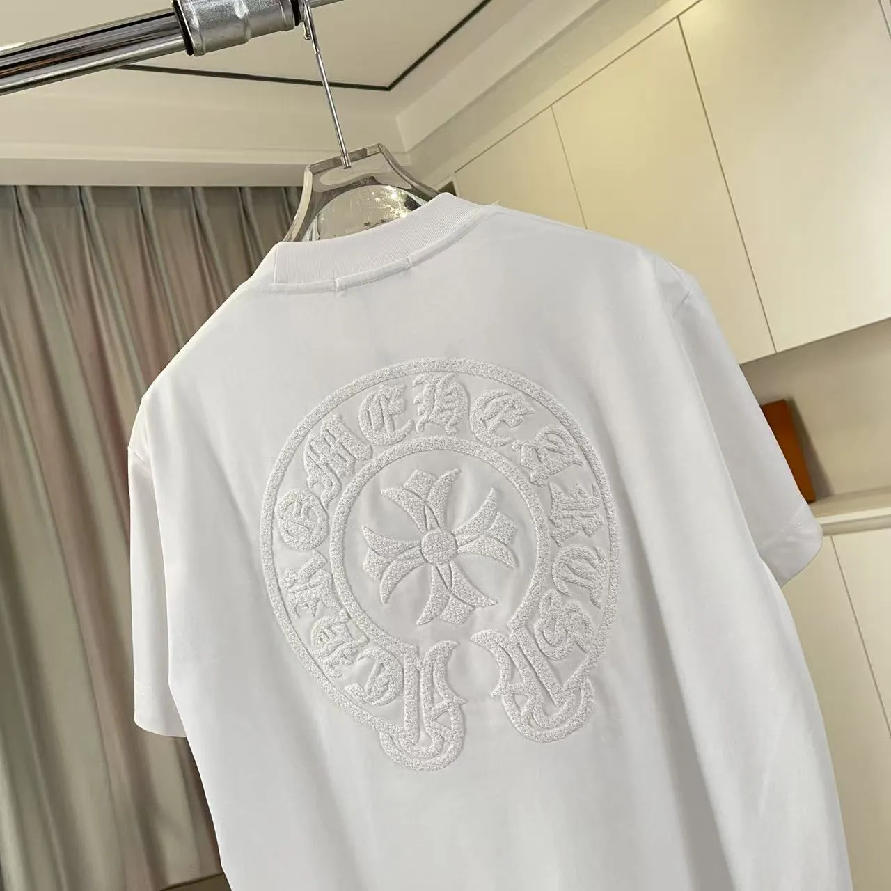 🅿️220 ch Cro* 2025 spring and summer new style Sanskrit horseshoe cross cross vacuum embroidery short-sleeved t-shirt custom fabric 300g same style for men and women Size: S M L XL XXL Five codes Color: black white